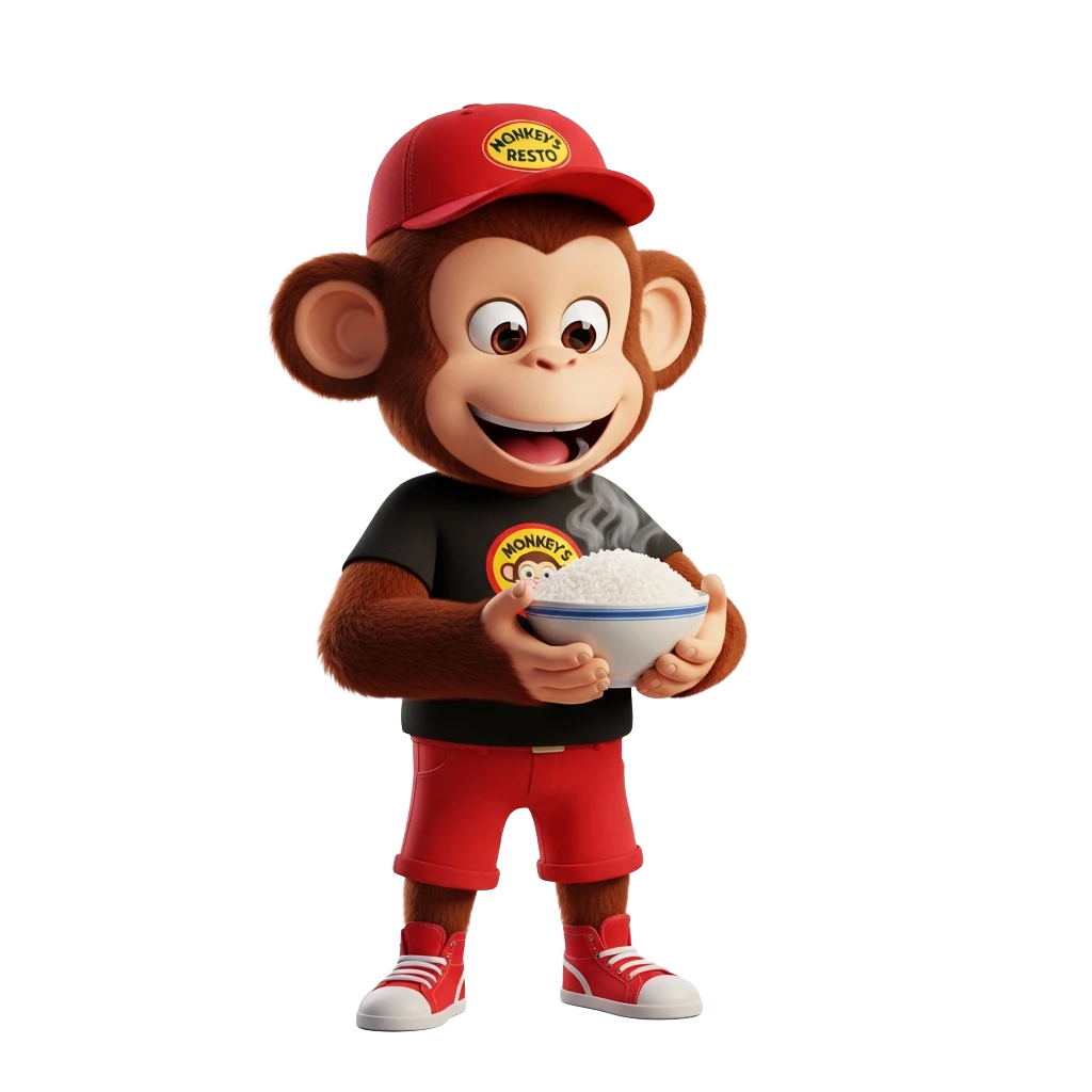 Monkey's Resto mascot celebrating unlimited rice