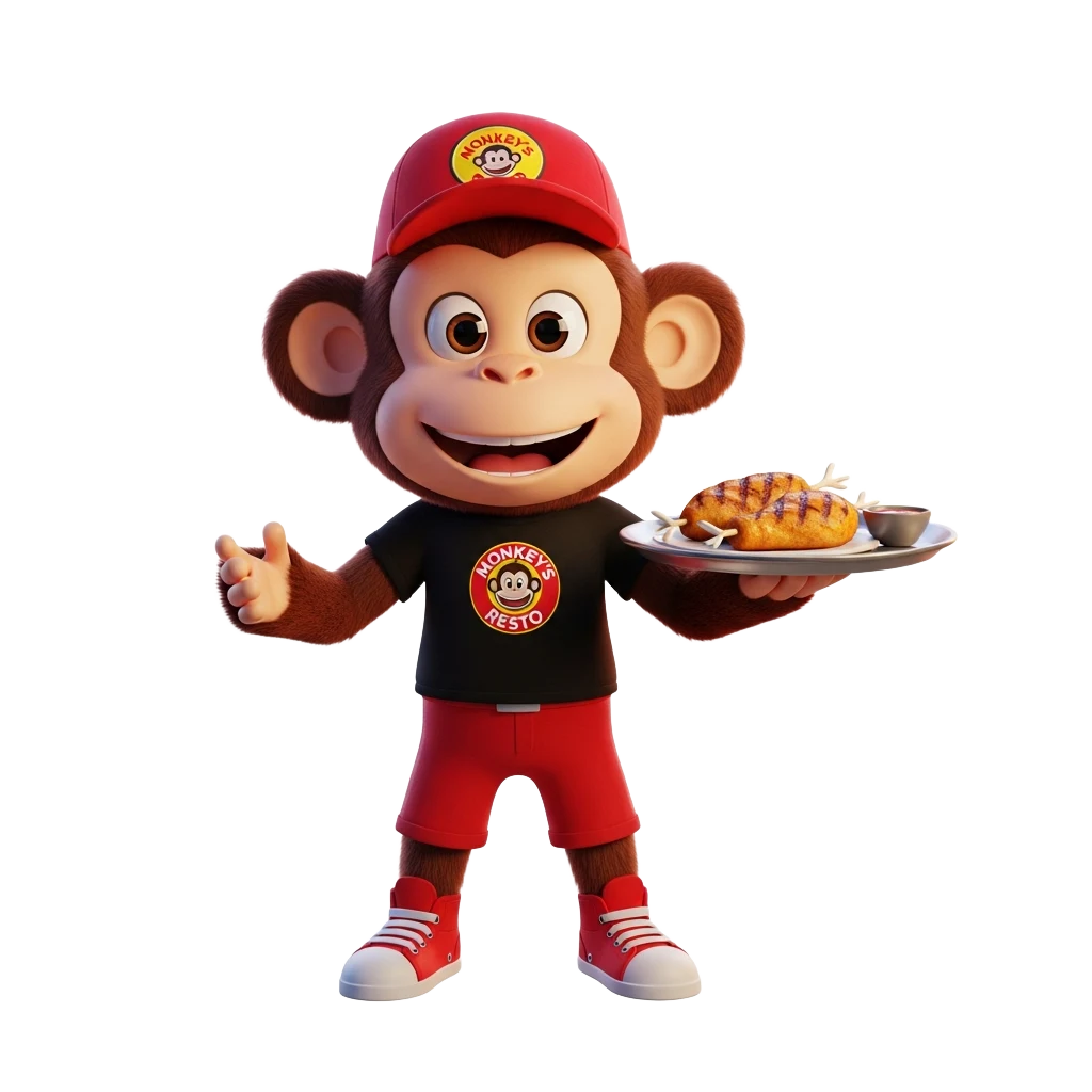 Monkey's Resto mascot proudly holding a tray of charcoal-grilled chicken inasal