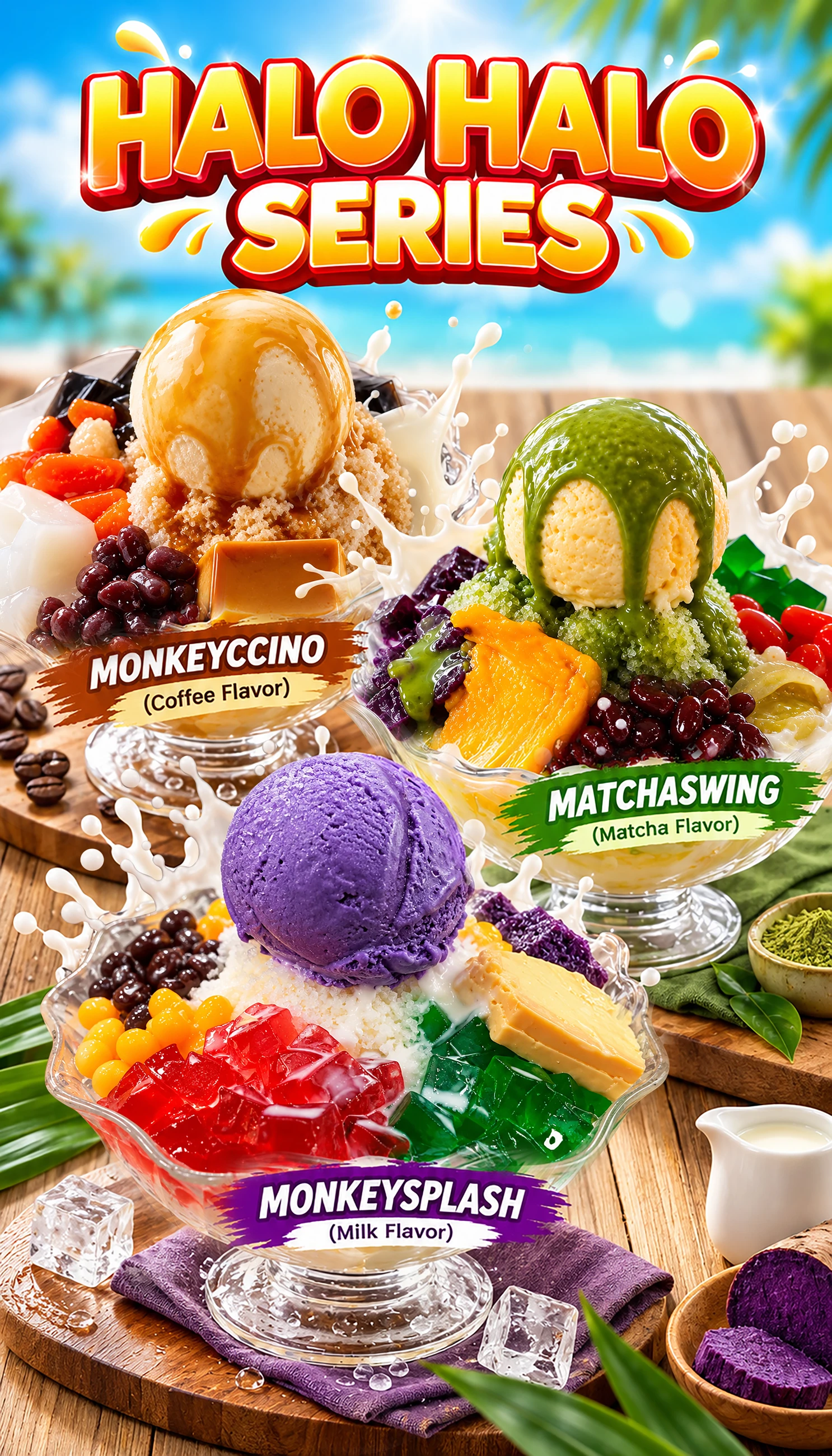 Halo Halo Series — Monkeyccino coffee flavor, Matchaswing matcha flavor, Monkeysplash milk flavor