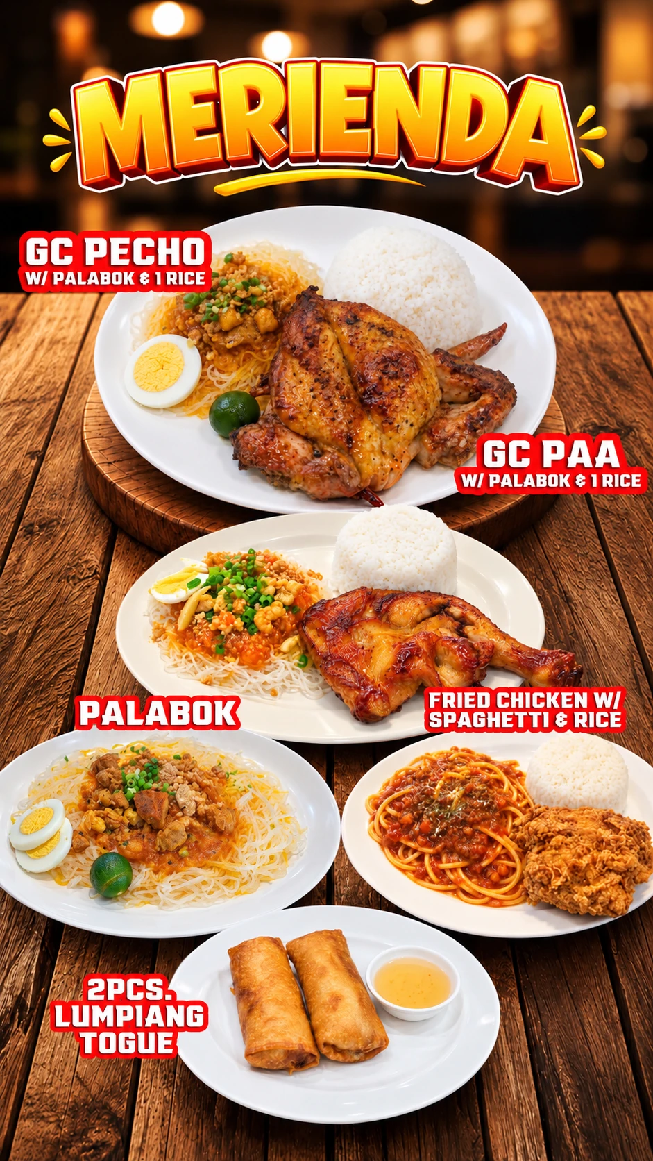 Merienda — GC Pecho and GC Paa with palabok and rice, palabok, fried chicken with spaghetti and rice, and two-piece lumpiang togue