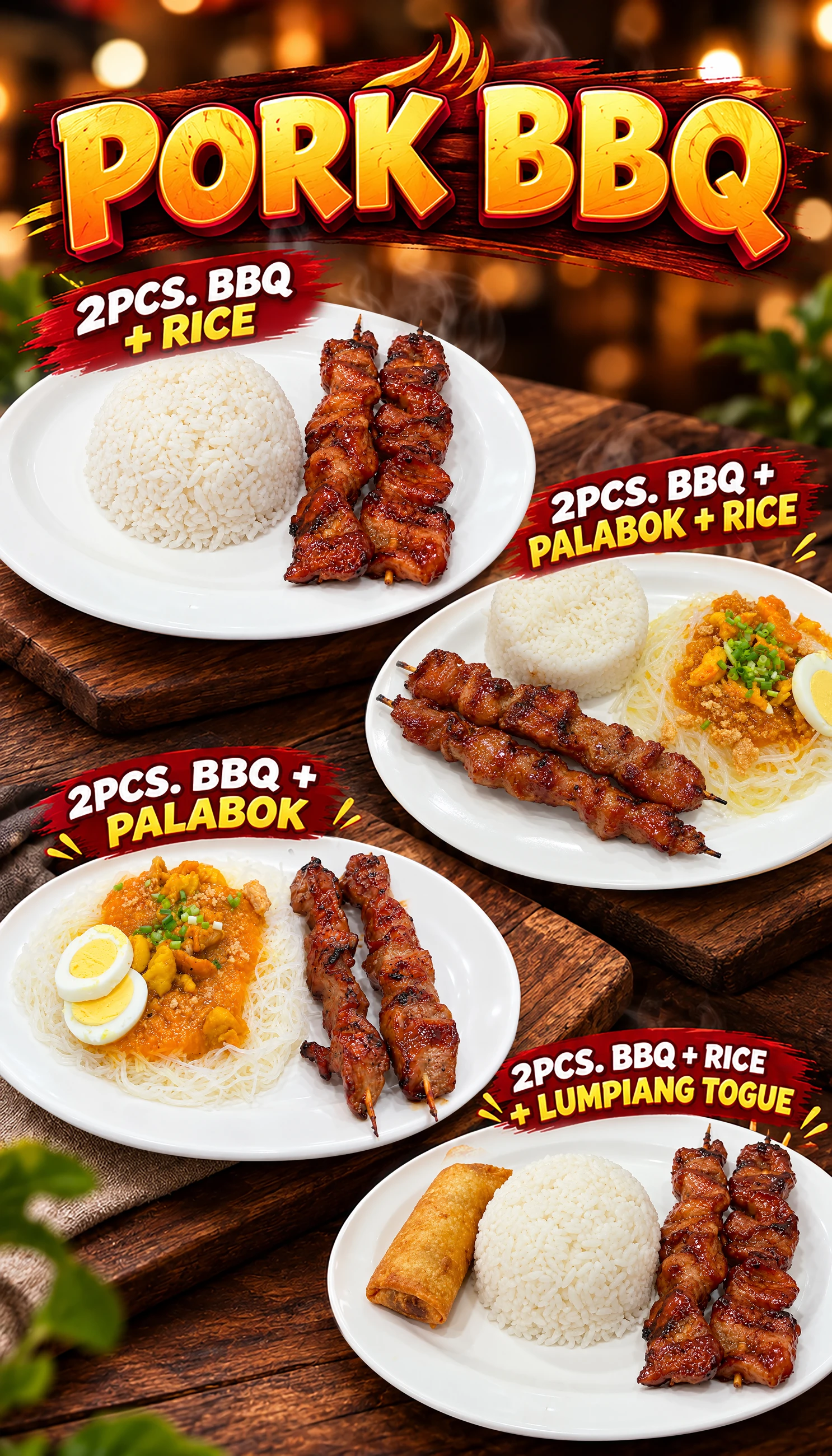 Pork BBQ — two-piece BBQ with rice, palabok and rice, palabok, or rice and lumpiang togue