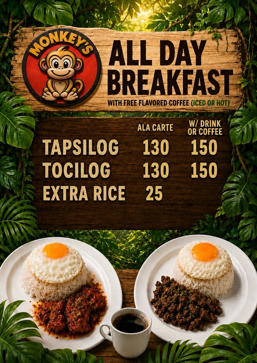 Monkey's Resto menu board — All Day Breakfast: Tapsilog, Tocilog, Extra Rice (with free flavored coffee)