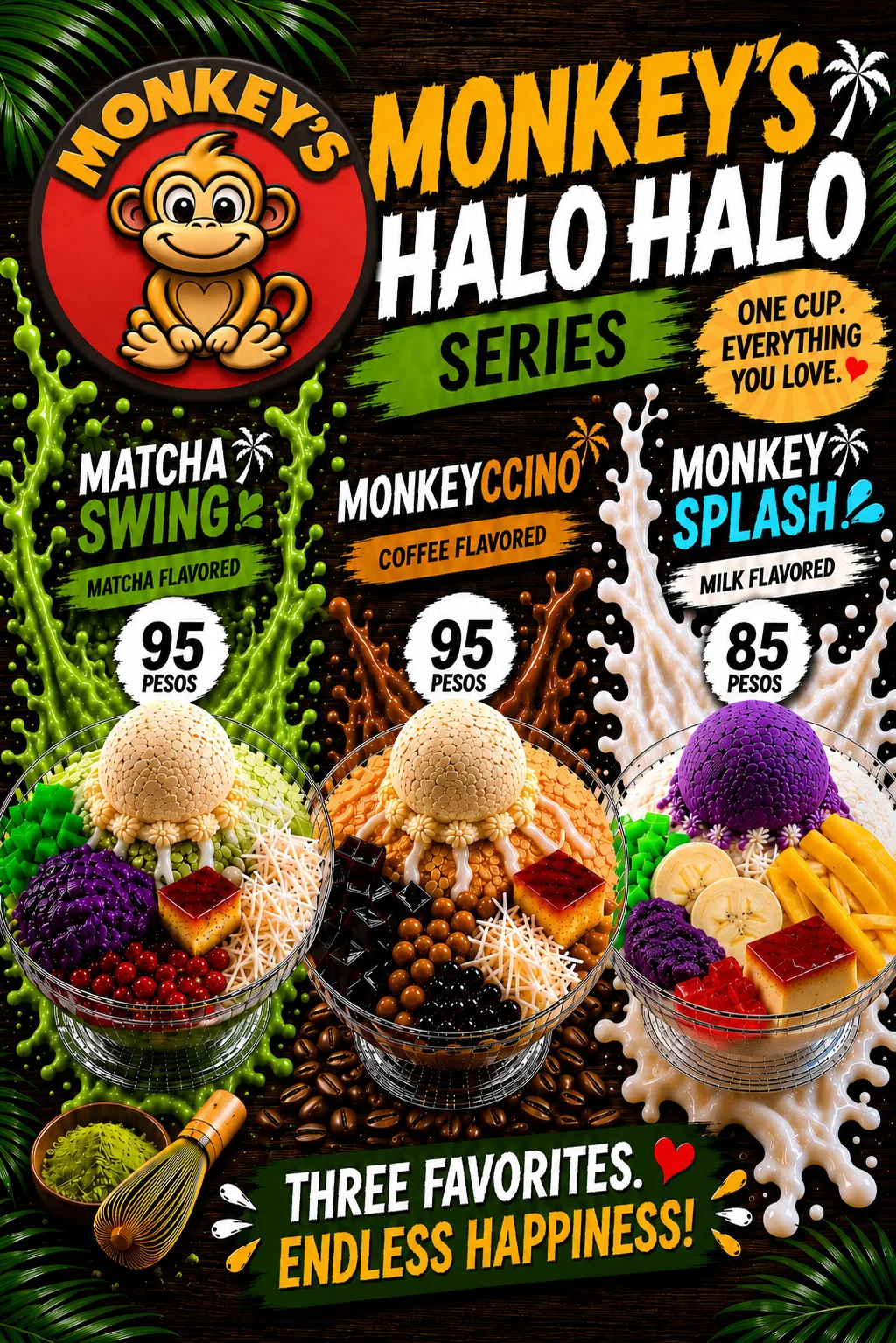 Monkey's Resto menu board — Monkey's Halo Halo Series: Matcha Swing ₱95, Monkeyccino ₱95, Monkey Splash ₱85