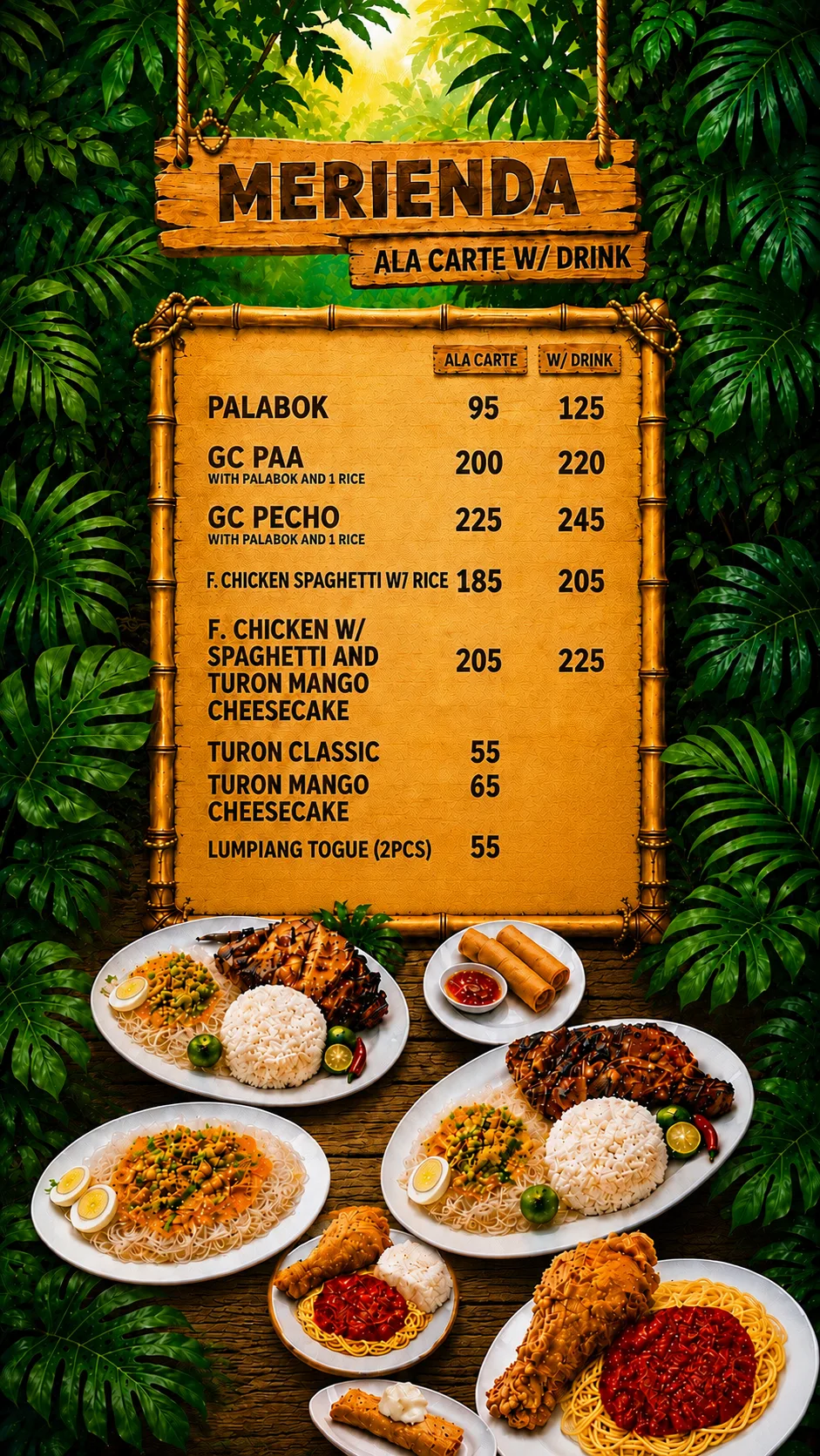 Monkey's Resto menu board — Merienda: Palabok, GC Paa, GC Pecho, Chicken Spaghetti, Turon, Lumpiang Togue