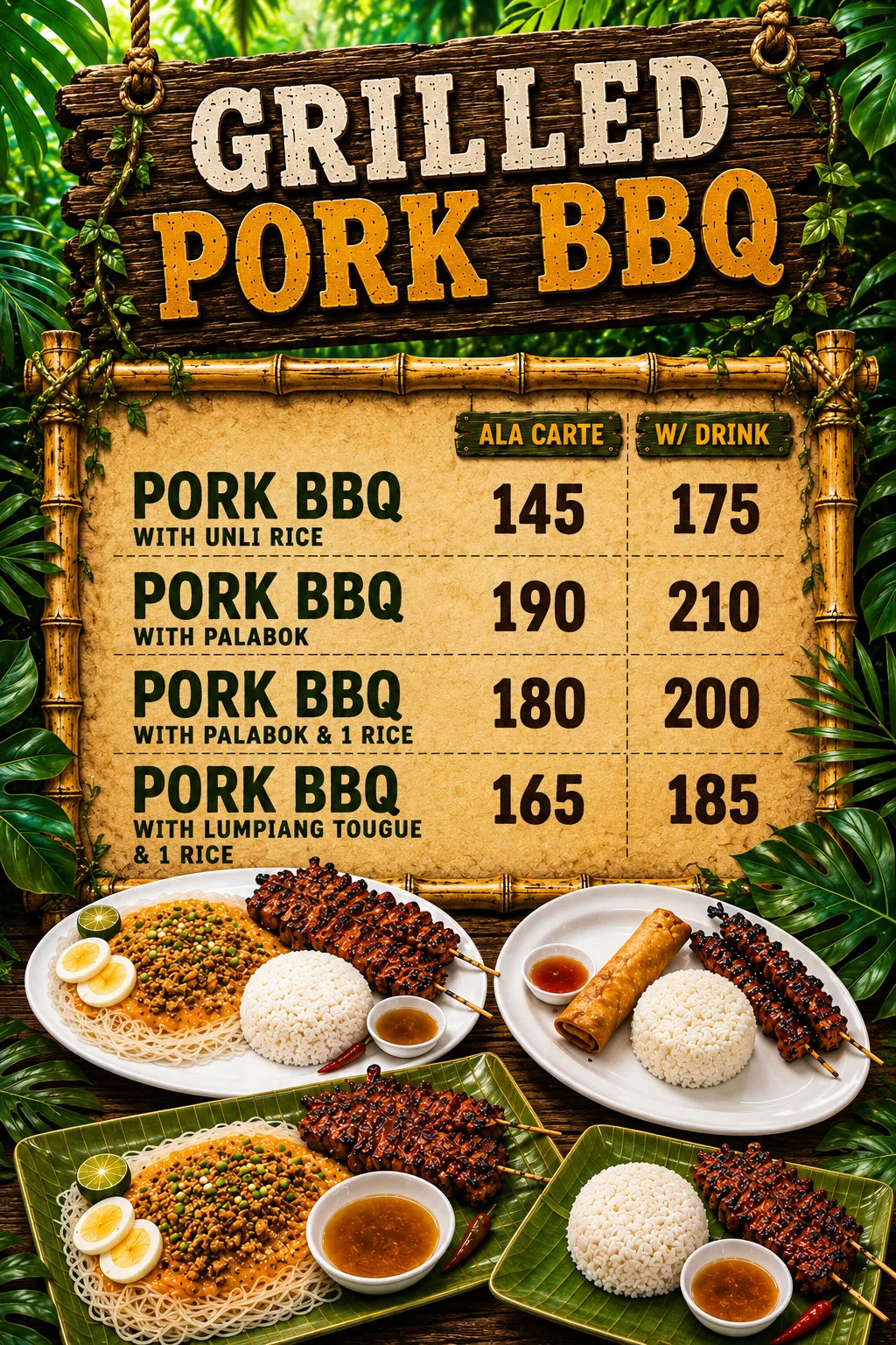 Monkey's Resto menu board — Grilled Pork BBQ with unli rice, palabok, and lumpiang togue combos