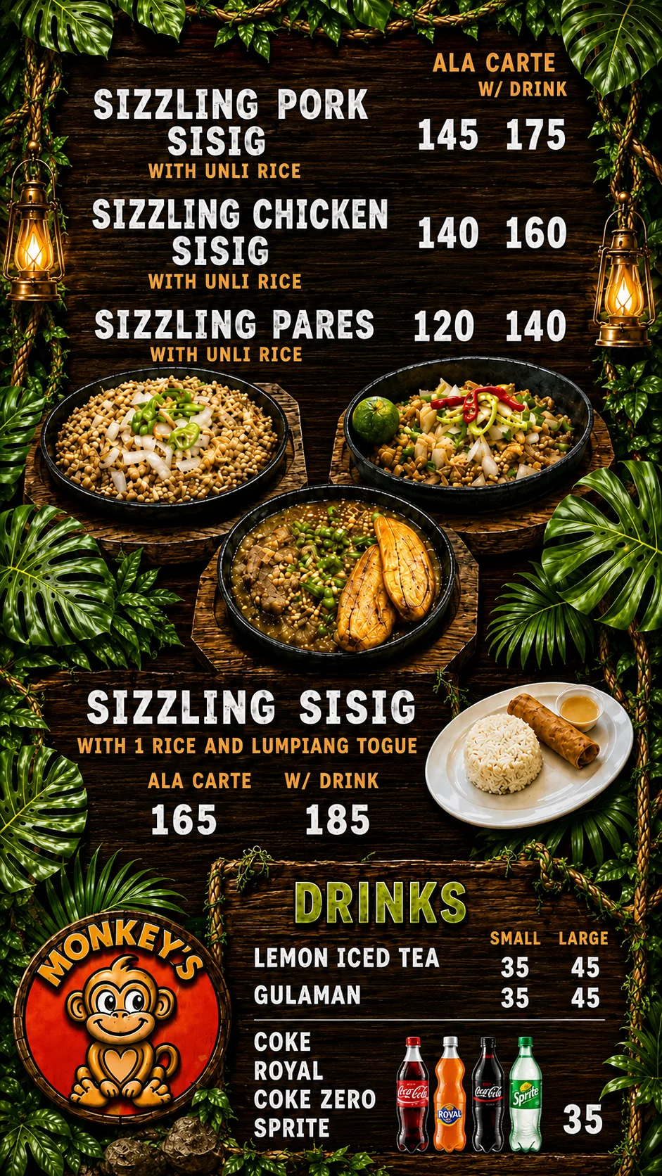 Monkey's Resto menu board — Sizzling Pork Sisig, Chicken Sisig, Pares, and Drinks (Lemon Iced Tea, Gulaman, Coke, Royal, Sprite)